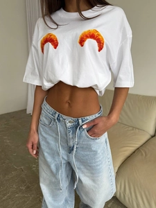 Damen Oversized T-Shirt Baumwollmischung Croissant Print Kurzarm Rundhals Lässig Lose Streetwear Top