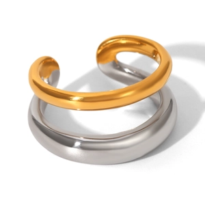 Minimalist double-layer open steel ring with polished gold and silver contrast finish