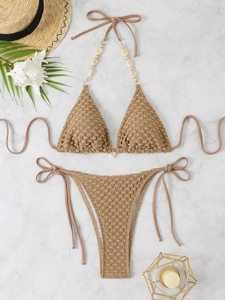 Sexy earthy khaki crochet bikini set with shell charms and side ties for beachwear