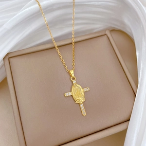 Titanium steel cross necklace with crystal pavé and Madonna medal pendant in gold