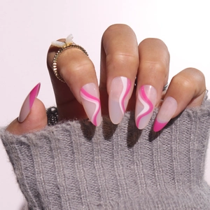 French gradient almond press-on nails with pink wavy marble patterns and glossy finish