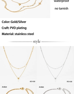 Detail of double-layer stainless steel anklet with stars and pearls in PVD gold and silver