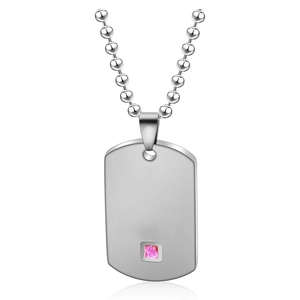 Detailed shot of silver tag necklace with a pink square gemstone on white background
