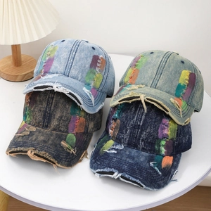 Distressed Denim Baseball Cap Washed Cotton Ripped Patchwork Colorful Streetwear Adjustable Hat For Women