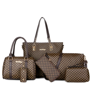6-piece brown faux leather handbag set with vintage geometric patterns and tote bag