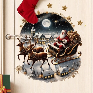 Festive Santa and reindeer sleigh door sticker on white wooden door with gift decor