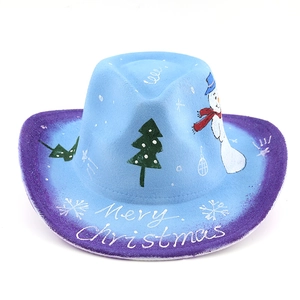Detail of Christmas cowboy hat with snowman pattern and Merry Christmas lettering
