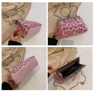 Multi-angle view of pink sequin clutch with silver metal ring handle and chain