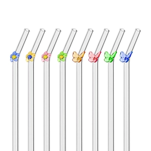 Glass Straws Reusable Heat Resistant Borosilicate Glass With Colorful Butterfly Flower Decorations For Coffee Milk