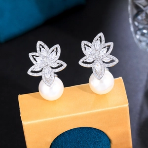 Elegant Flower Zircon White Artificial Pearl Earrings Copper Metal Micro Pave Fashion Jewelry For Women