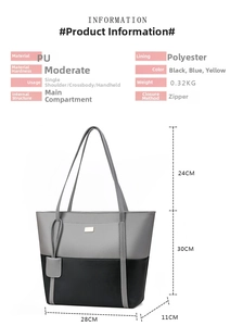 Detailed size specifications and dimensions for the gray and black PU leather tote bag