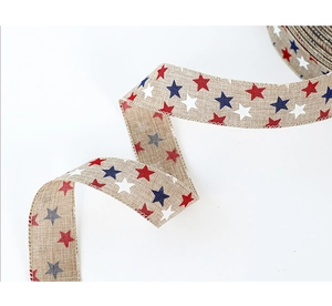 Detailed macro view of American Independence Day linen ribbon with red and blue star patterns