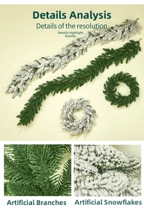 Detailed macro view of artificial pine branches with realistic snow-flocked texture