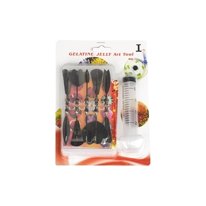 Set of 10 metal jelly art tools with 20ml syringe in colorful blister packaging
