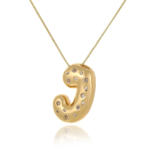 Macro detail of 18k gold plated J-letter pendant with zircon stones and box chain