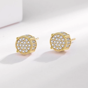 Hip hop iced out round stud earrings with gold plating and paved cubic zirconia