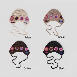 Handmade crochet floral hollow lace-up hats in beige, khaki, brown, and black colors