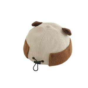 Kids corduroy beanie with bear ears and adjustable toggle, beige and brown winter hat