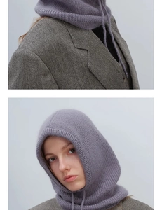 Detail of wool-knit balaclava hood with adjustable drawstring in elegant purple-grey