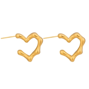 Detailed view of golden heart earrings with irregular wave texture in titanium steel