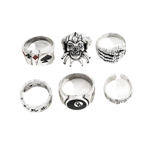 6-piece vintage gothic ring set for men featuring skull, poker, and 8-ball motifs