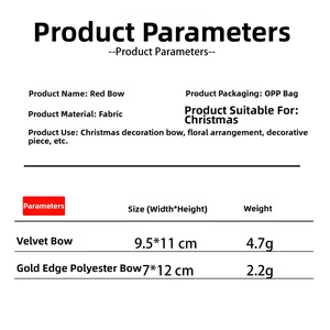 Size chart showing red decorative bows in velvet and polyester for gift box DIY
