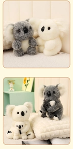 Detail showing soft gray plush koala toys in a cozy home setting with mother and baby set