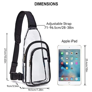 Waterproof clear PVC crossbody bag dimensions with adjustable strap and iPad comparison