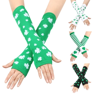 Detail of Irish green shamrock knitted fingerless arm sleeves for St. Patrick's Day party