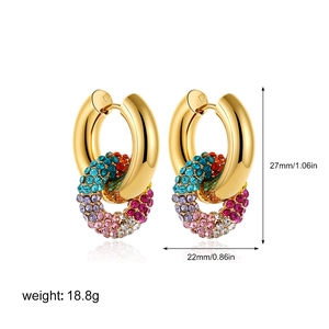 Detail view of 18K gold hoop earrings with multi-colored rhinestones and size dimensions
