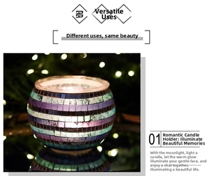 Detail of handmade mosaic glass candle holder with purple and green tiles for decor