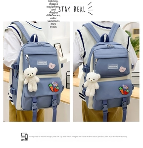 Detailed back view of a blue and white canvas backpack with cute bear pendant
