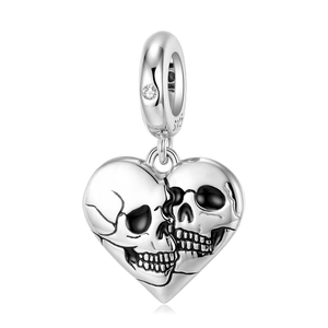 S925 sterling silver heart-shaped double skull pendant charm with zircon stone