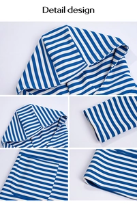 Dettagli del cardigan a righe con cappuccio, tasche frontali e polsini rifiniti