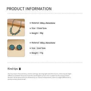 Detailed size and material specs for the peacock blue rhinestone necklace and earring set