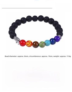 Detail showing 8mm chakra lava stone beads with elephant charm and sizing measurements