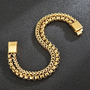 Double-layered gold stainless steel bracelet featuring wheat and box chain links for men