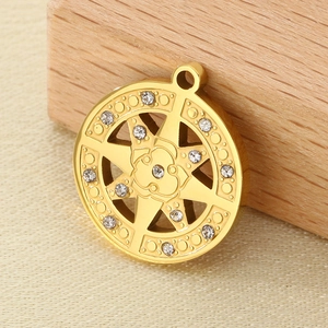 Gold hollow round North Star pendant with crystal inlay and stainless steel metal finish