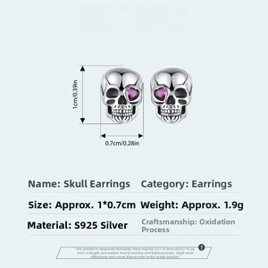 Detailed size and material info for S925 silver skull earrings with purple heart stone
