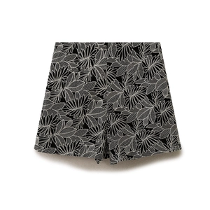 Women's high waist shorts featuring elegant black and white tropical leaf embroidery print