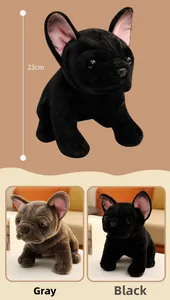 Detail view of 23cm plush French bulldog toys in grey and black with soft texture