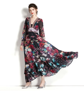 Close-up of deep V-neck and colorful floral print on lightweight chiffon maxi dress