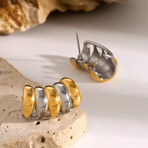 Minimalist 18k gold and silver two-tone curved striped multi-layer ear cuff earrings