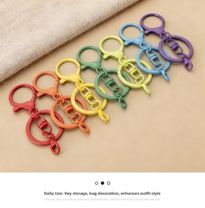 Close-up of seven colorful metal lobster clasp keychains with matching split rings
