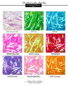Detailed color chart of iridescent shredded paper filler in 9 vibrant shades for gift boxes