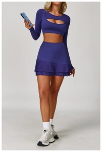 Violet high-waist pleated sports skirt and long sleeve cutout top set in matte fabric