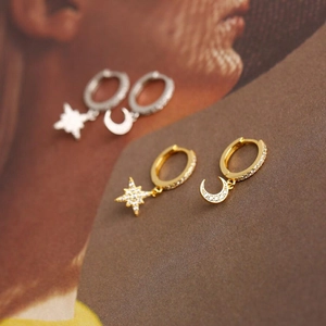Chic S925 asymmetric celestial star and moon hoop earrings with cubic zirconia inlay