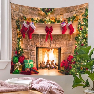 Detail of Christmas tapestry featuring a cozy fireplace, festive socks and holiday decor