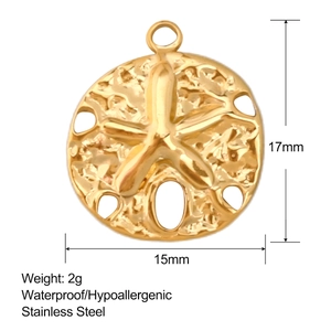 Detail view of 15mm gold stainless steel starfish charm with size measurements