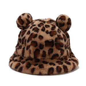 Plush leopard print bucket hat with cute bear ears made of soft faux fur for winter warmth